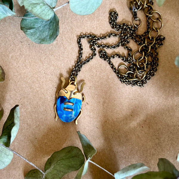 Scarab Necklace, Blue Floral